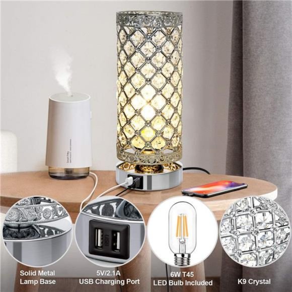 Crystal Touch Control Table Lamp with Dual USB Charging Ports, 3-Way Dimmable - Picture 4 of 6